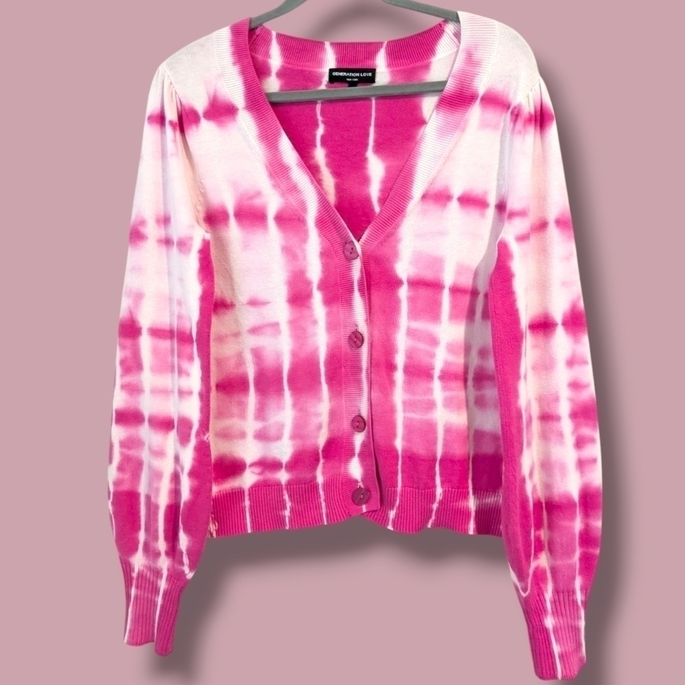 Generation Love Pink White Tie-Dye Cotton Silk Long Sleeve Button-Up Cardigan
